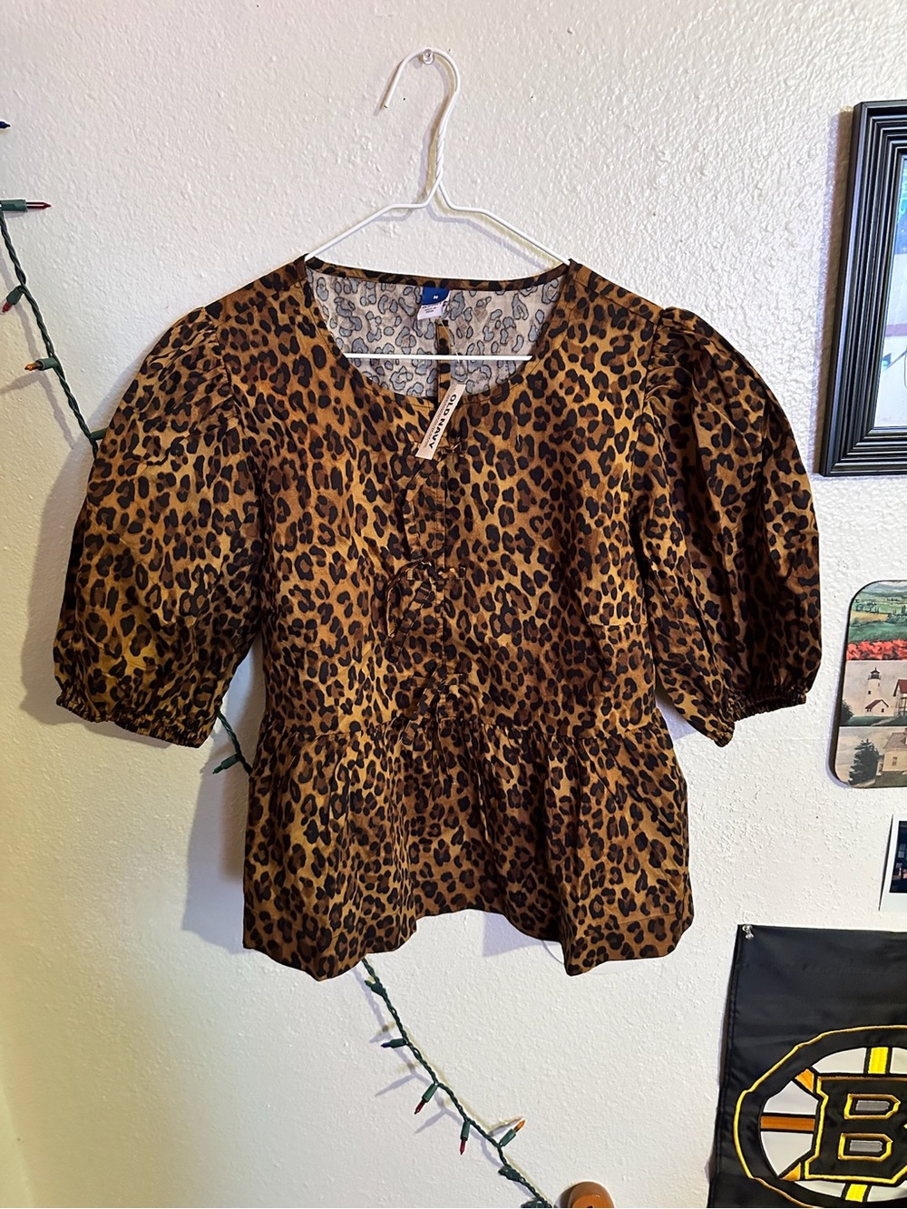 Old Navy Leopard-Print Puff Sleeve Peplum Blouse - Brown/Black